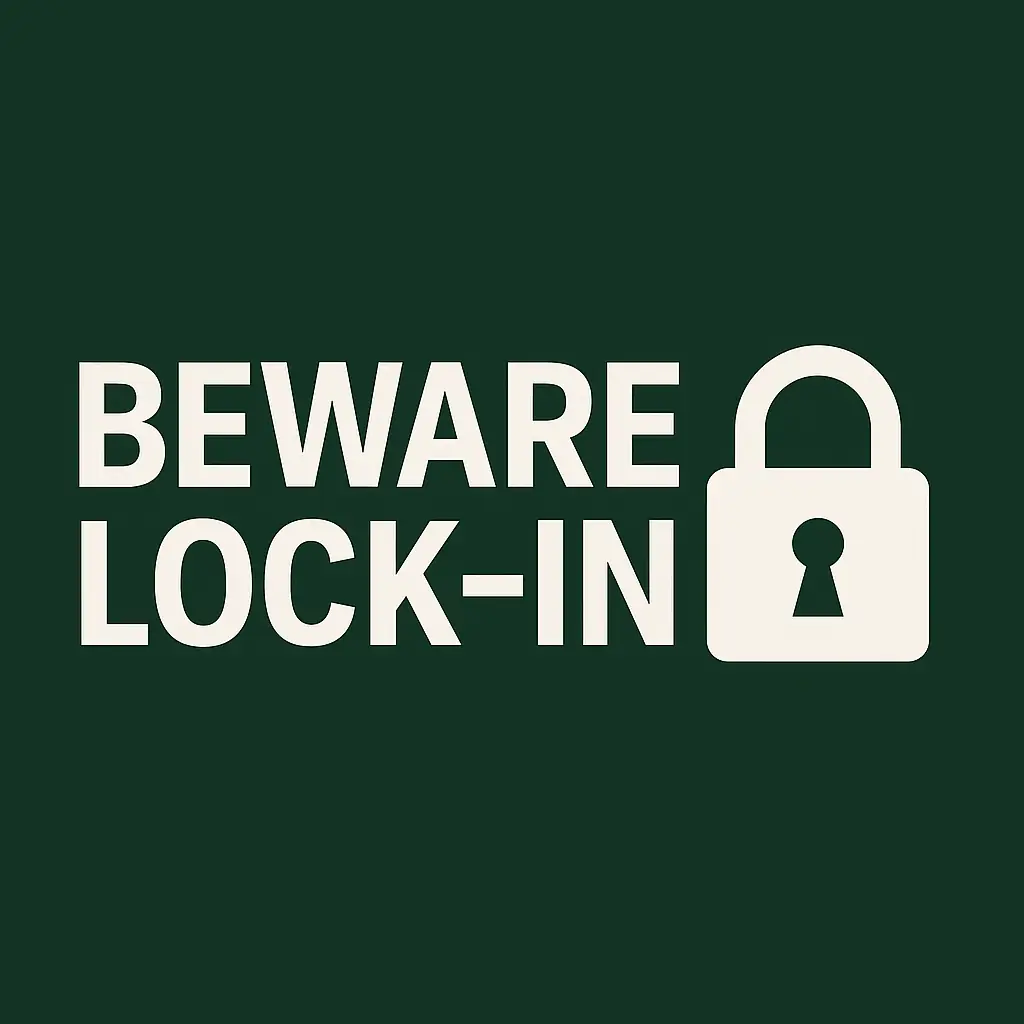 White padlock icon beside bold white text “Beware Lock-In” on a dark green background.