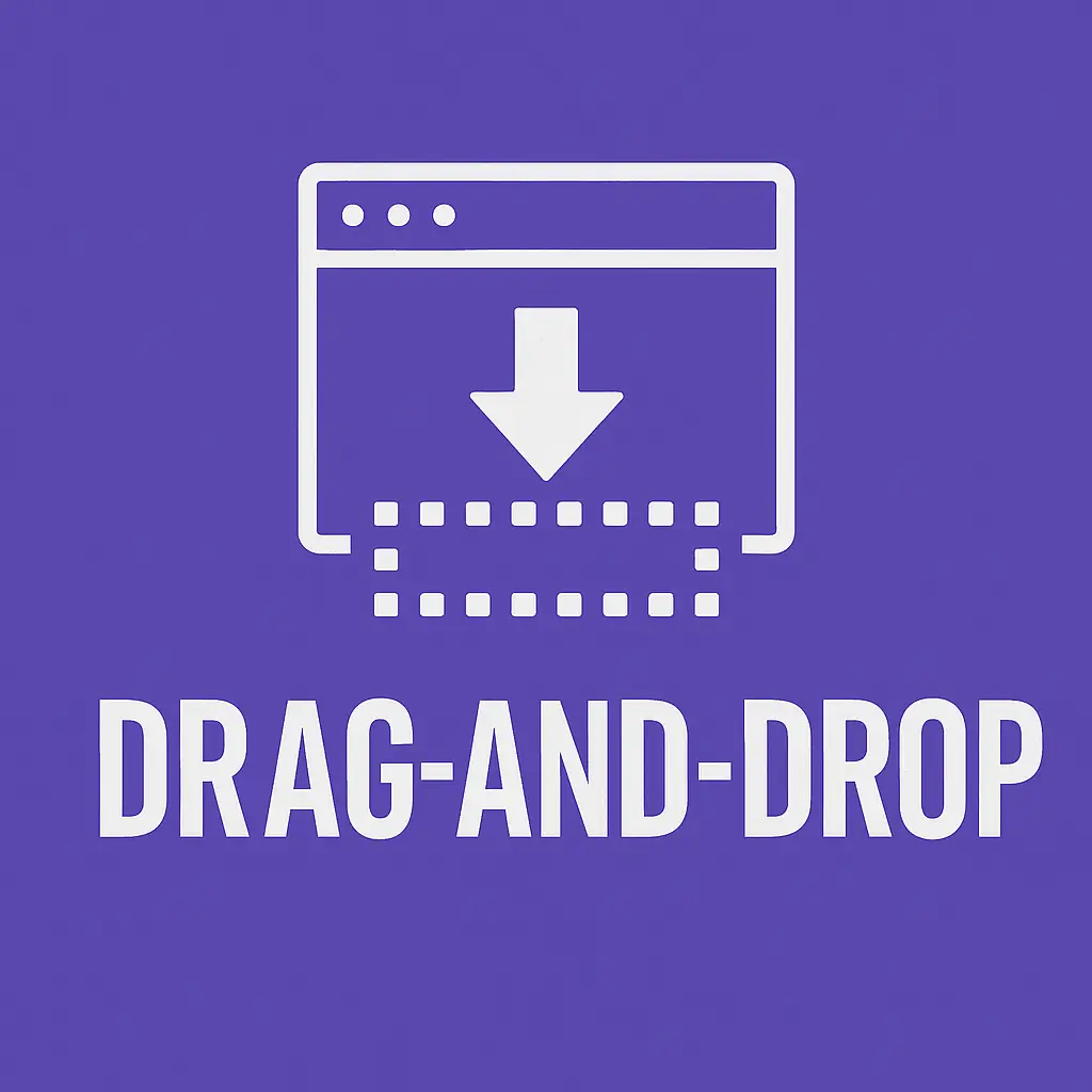 White browser window with downward arrow above dashed rectangle and bold white text “Drag-and-Drop” on a purple background.